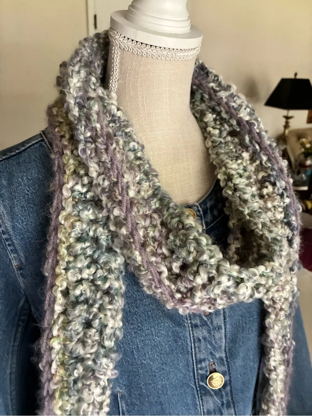 New Handmade Bouclé Scarf in Soft Multi-Color Jewel tone XTRA long